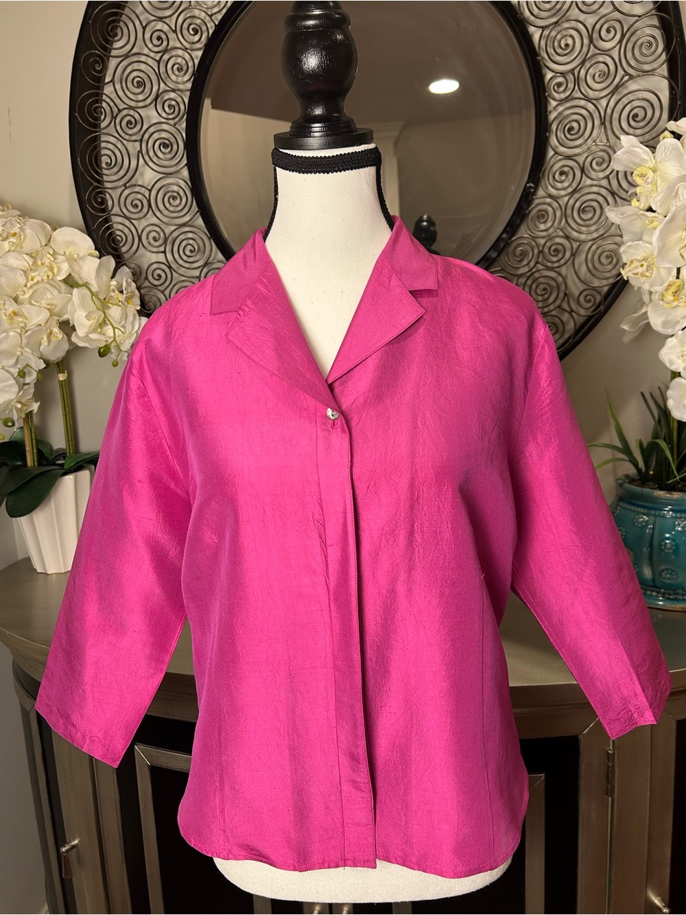 Valerie Stevens 💯 Silk Hot Pink Button-Front Blouse